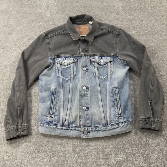 Levi’s Premium Denim Trucker Jacket Mens M Gray/Blue Colorblock Big E Distressed - Picture 1 of 12